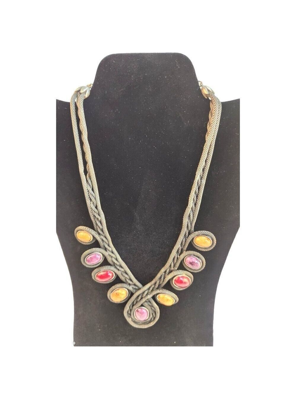 Unique Chico's Braided Necklace With Multicolor Purple, Gold, Red Gemstones & Me